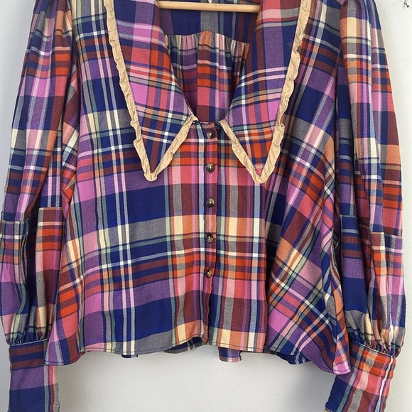 Free People Bexley Balloon Sleeve Plaid Top Relaxed Oversize Fit XS Button Front - Picture 8 of 16